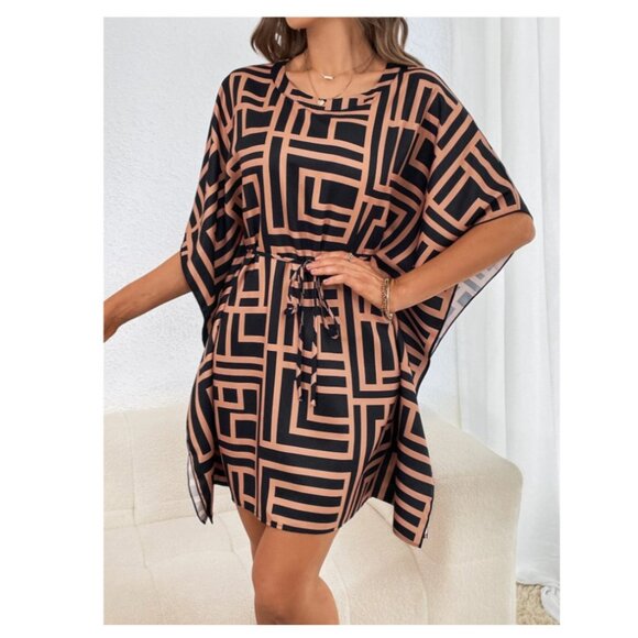 SHEIN Dress Clasi Allover Print Batwing Sleeve Belted, Women's, M - Picture 3 of 7